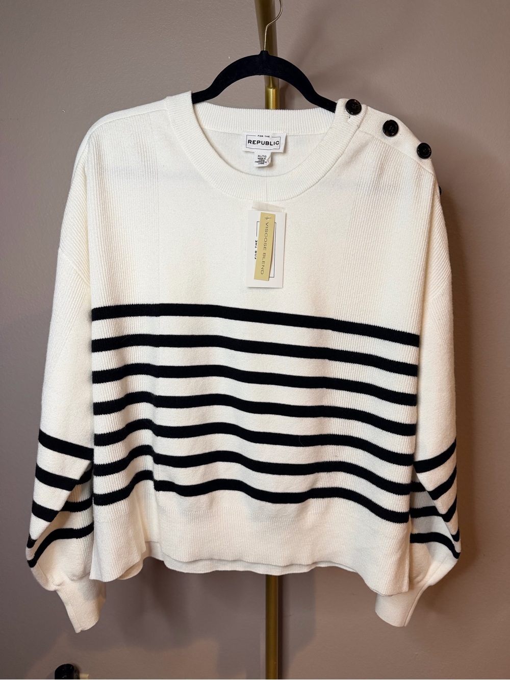For The Republic Cream Sweater with Black Stripes & Shoulder Buttons
